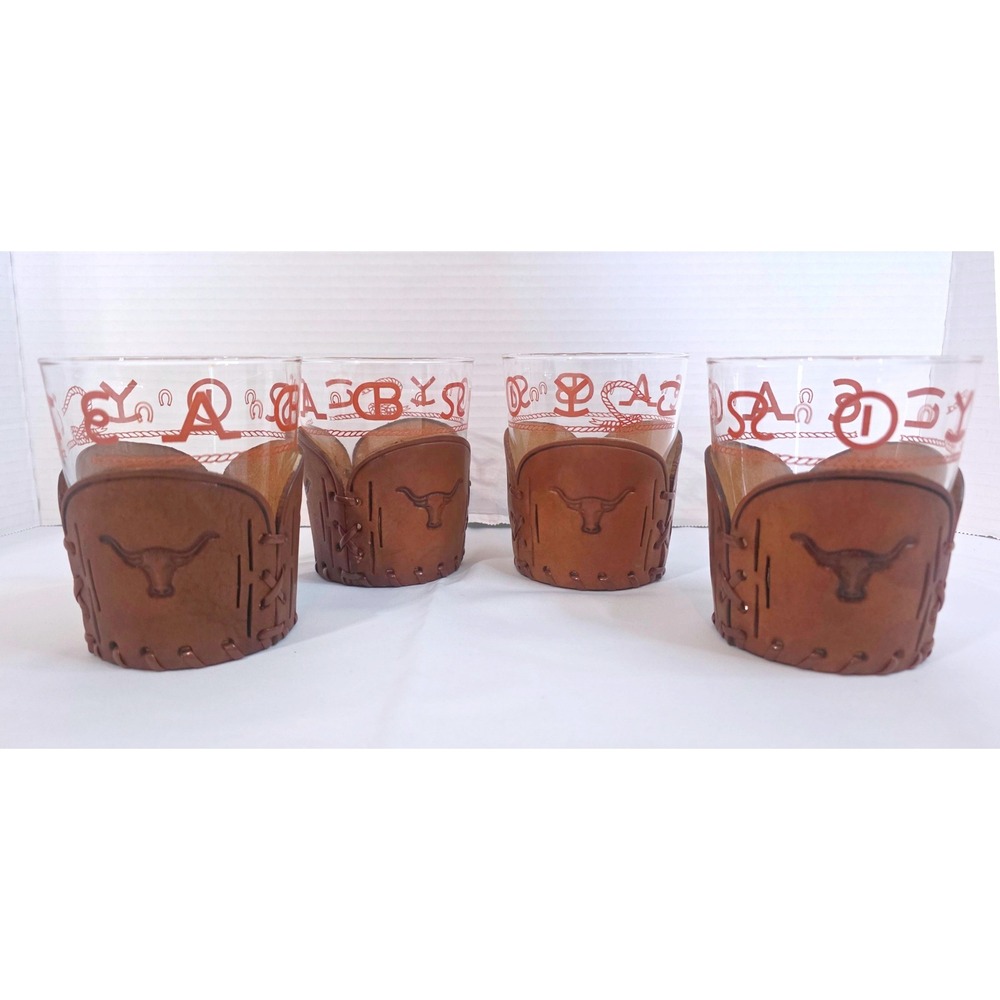 Vintage Libbey Bamco Western Whiskey Glasses Leather Longhorn Sleeves Set of 4
